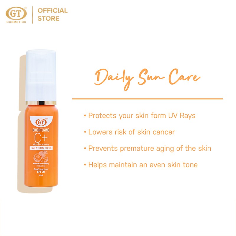 gt brightening c+ with glutathione daily sun care GT Brightening C+ with Glutathione Daily Sun Care with SPF70 30ml - tinted  formula with UVA and UVB