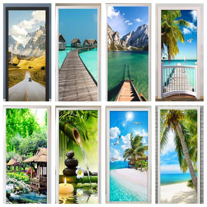 custom Seaside Coconut Tree Beach Scenery Door Sticker 3d photo ...