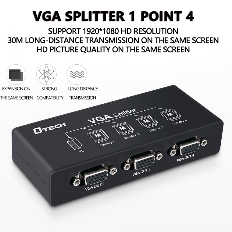VGA Splitter 1 In 4 Out Desktop Notebook Connector Display Projector ...