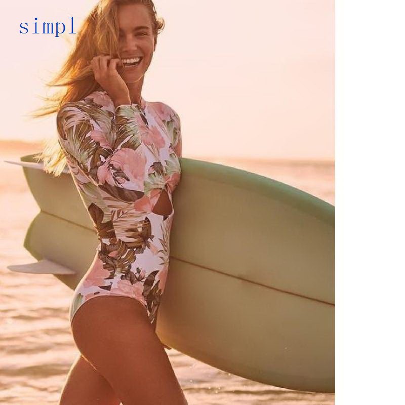 Women One Piece Swimsuit Sexy Long Sleeve Surf Swimwear Print
