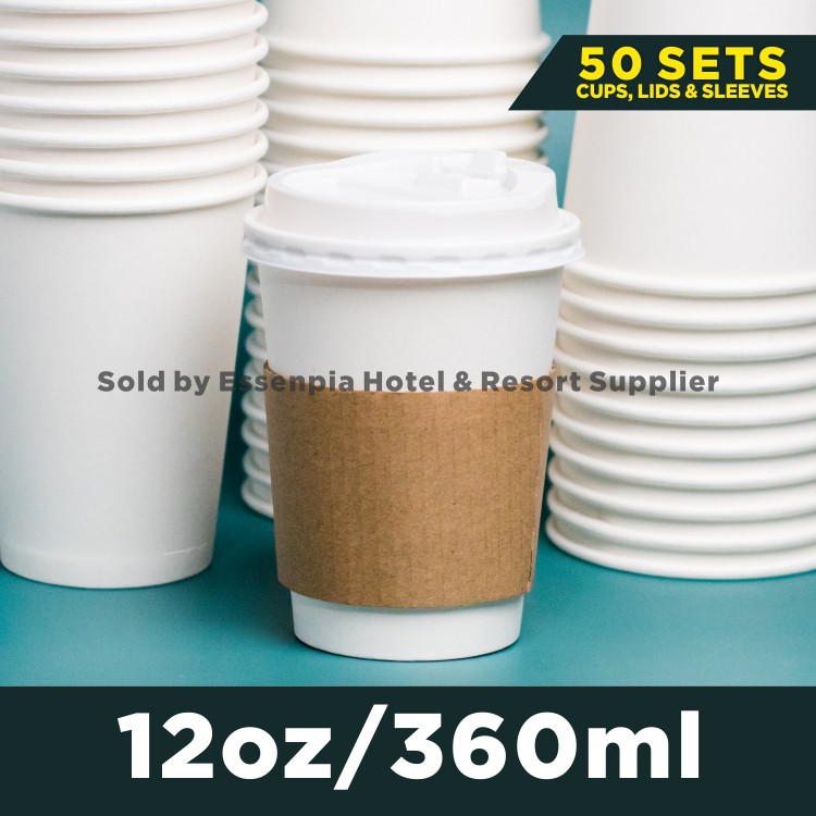 50pcs 12oz Disposable Paper Cups With Lid And Protection Sleeve Hot Coffee Cup 360ml White Paper 7826