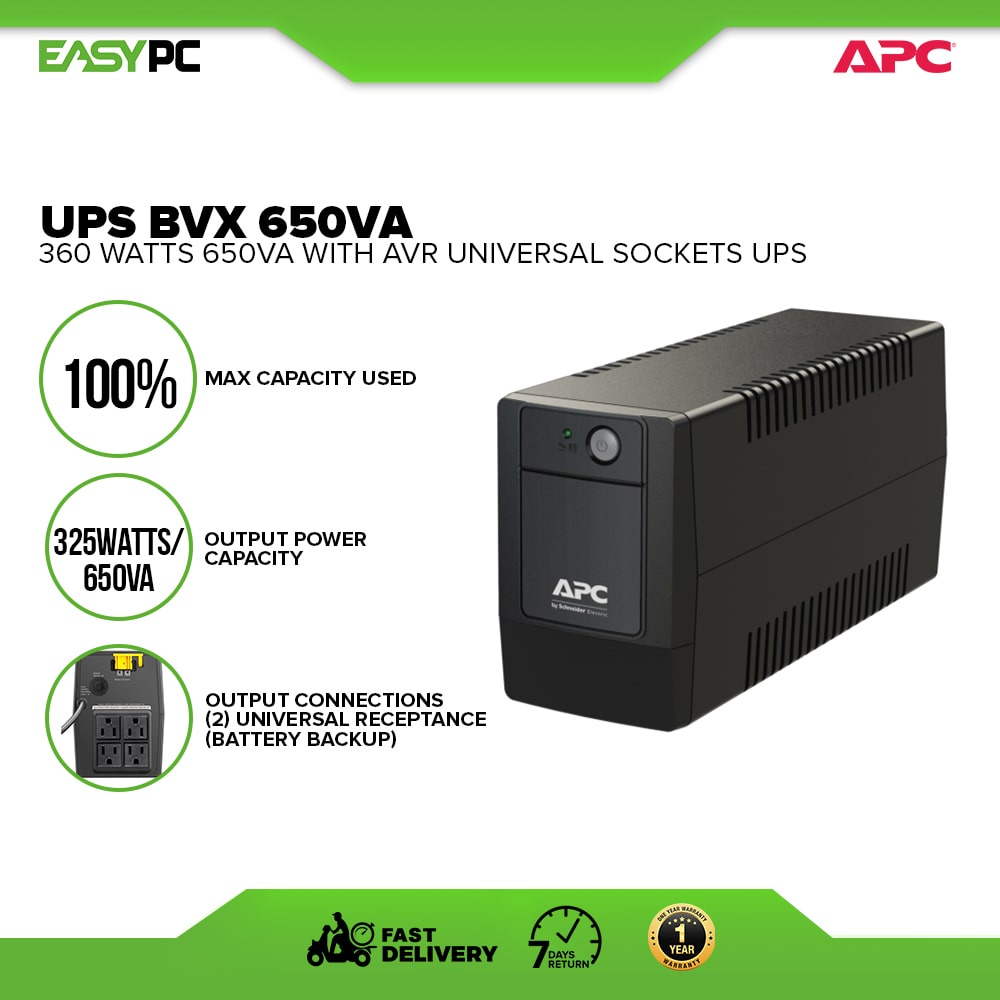 APC UPS 650VA 360W Uninterruptible Power Supply (BVX650IPH, Easy UPS