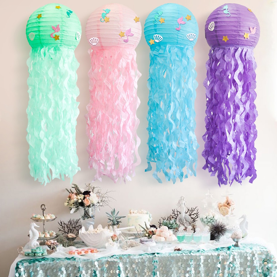 QYCX 6-Pack Mermaid Jellyfish Paper Lanterns – Pink, Blue & Purple, 25 X 60 Cm, Hanging Ocean Party Decorations For Under The Sea, Mermaid, & Marine Life Themed Events