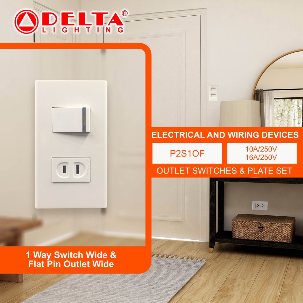 Delta Lighting Wiring Devices 1 Way Switch Wide & Flat Pin Outlet Wide