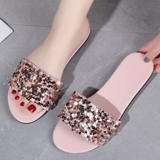 Women Fashion Beautiful Sequins Big Size Flat Slippers (Size 35-43)