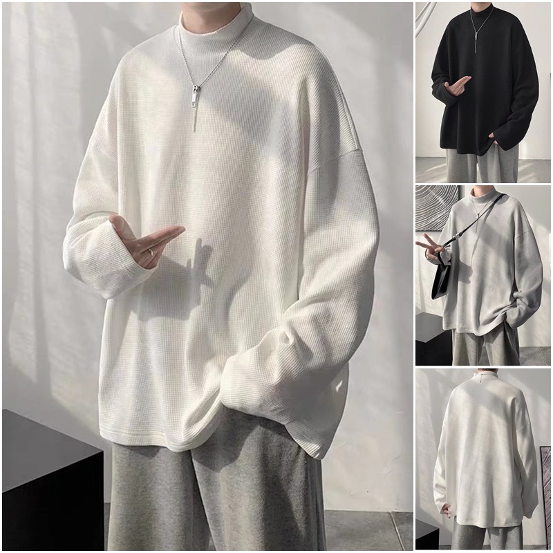 【Cod】M-2XL Waffle Plain half turtleneck Long Sleeve T-Shirt for men ...