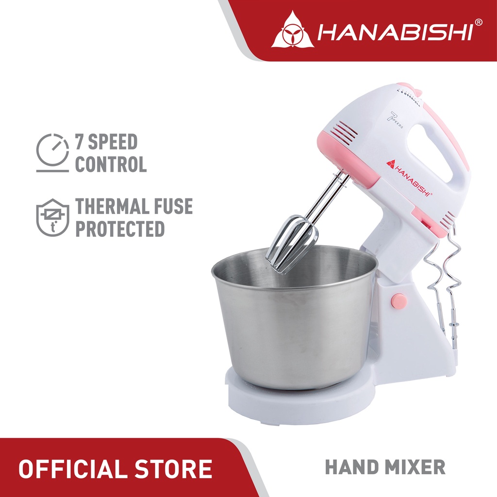 Hanabishi Hand Mixer HHMB120SS Best for Baking 7speed Bowl, Beater, Dough Hooks Shopee