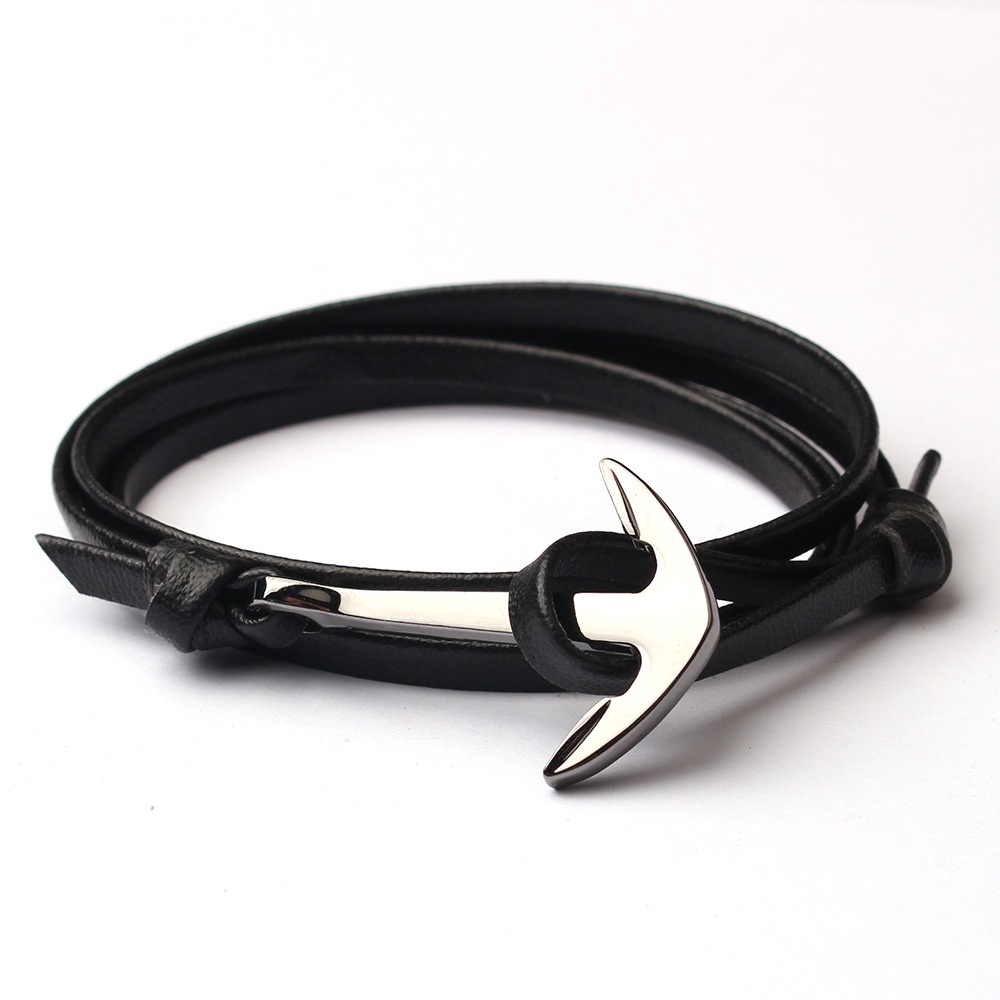 Anchor Design Men Leather Chrome Anchor Design Unisex Bracelet - Main Image