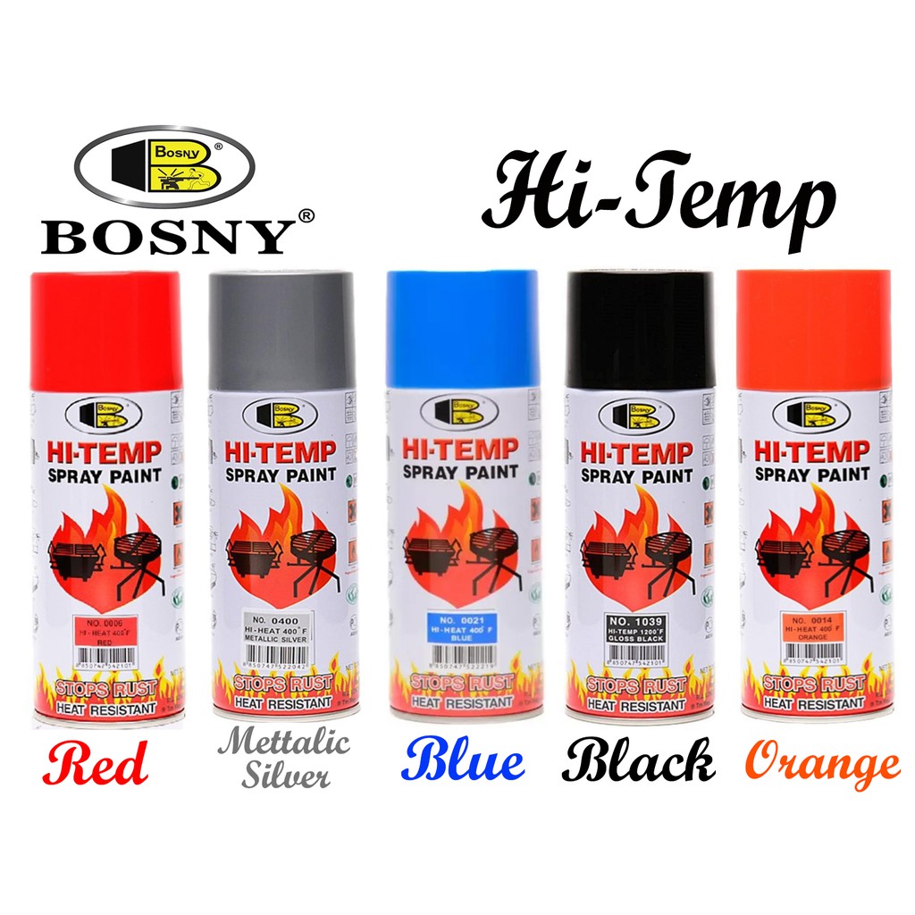 Bosny Spray Paint HiTemp / Hi Heat Black, Metallic Silver, Blue, Red