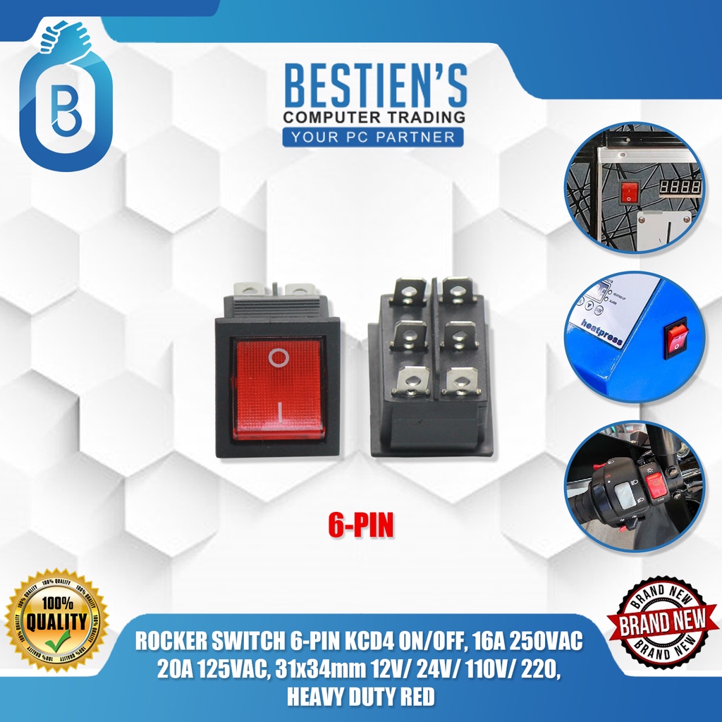 ROCKER SWITCH 6-PIN KCD4 ON/OFF, 16A 250VAC 20A 125VAC, 31x34mm 12V ...
