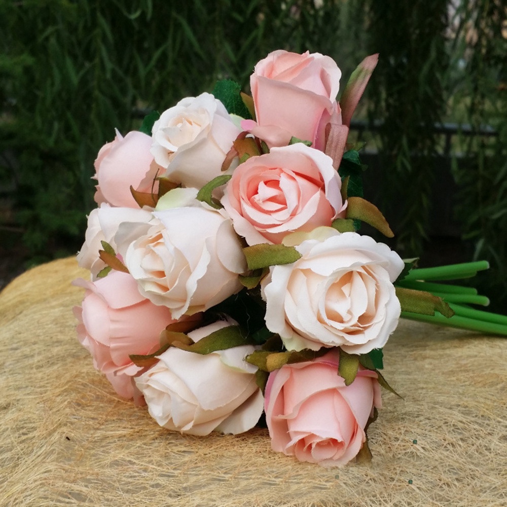 12pcs/lot Rose Artificial Flowers Champagne Pink Wedding Bouquet Fake ...