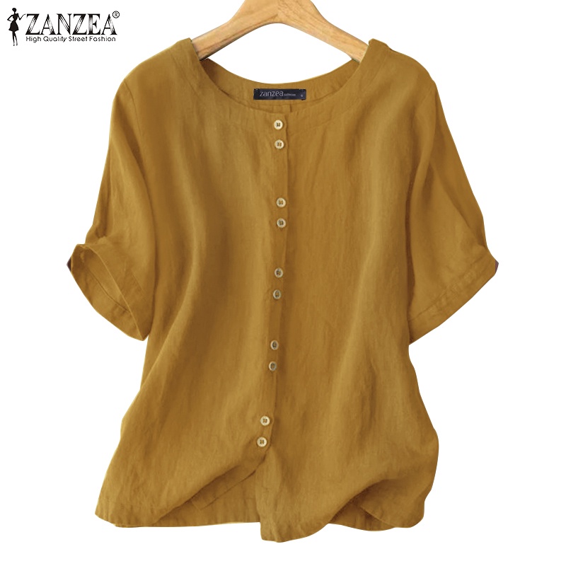 ZANZEA Cotton Shirt Women's Summer Short Sleeve Loose Causal Female ...