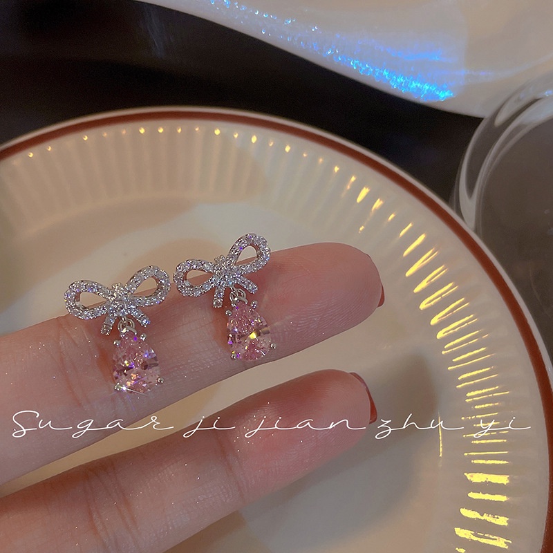 Sweet Cool Style Pink Zircon Simple Fashion Bow Earrings | Shopee ...