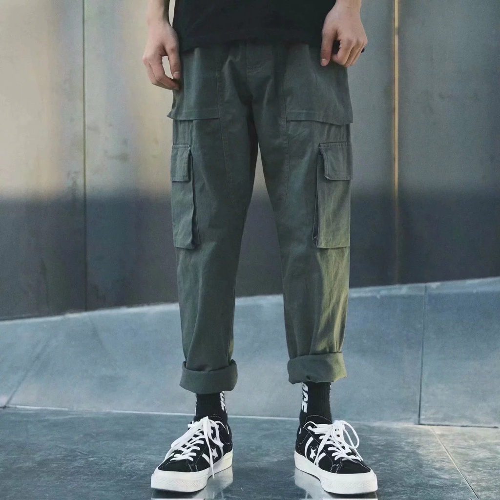 cod/Black/White Pocket Cargo Pants For Men Solid Color Overalls Loose ...