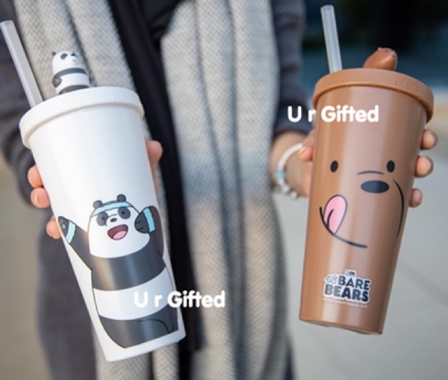 Miniso We Bare Bears Collection 19.3 Oz Steel Water Bottle with Straw