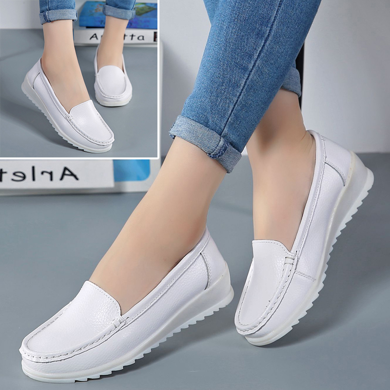 Ladies white leather flat on sale shoes