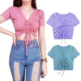 Kily.PH Crop Top Korean Shirt V Shape Blouse Front String Tops