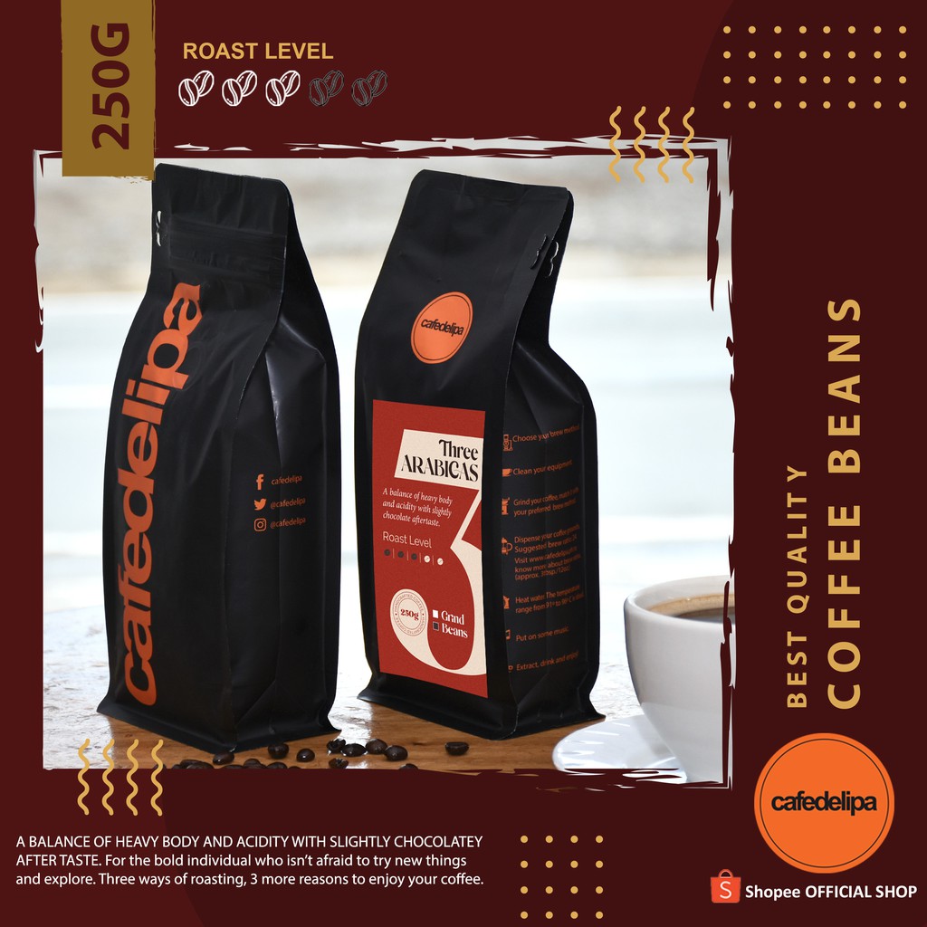 CAFE de Lipa Three Arabica Premium Roast Beans Coffee Pack 250G