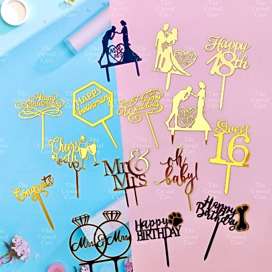 Acrylic Cake Toppers Gold Sweet 16 Happy 18th Happy Wedding Happy ...