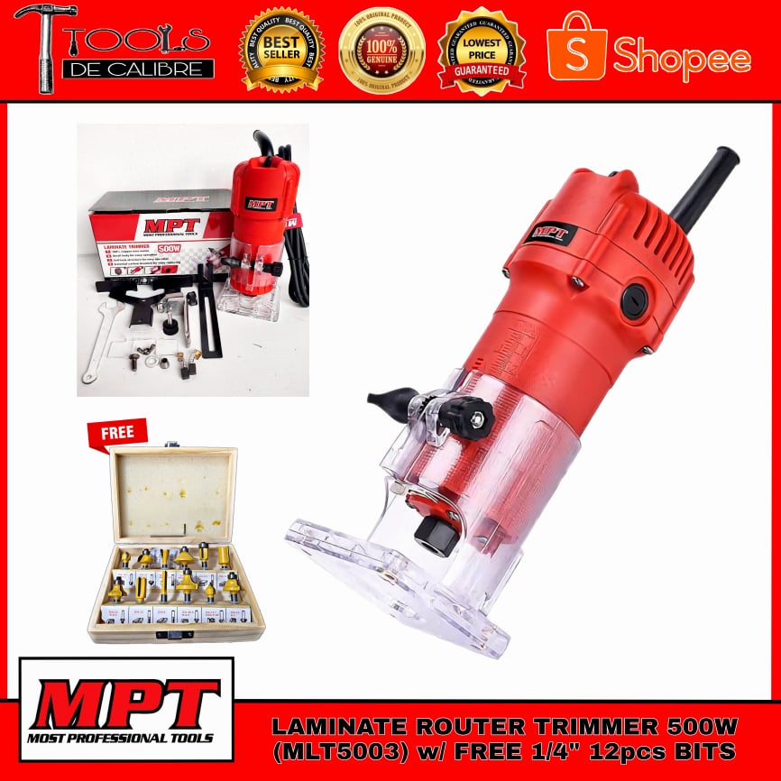 MPT Laminate Palm Router / Trimmer 500W 6mm (MLT5003) with Router Bits ...