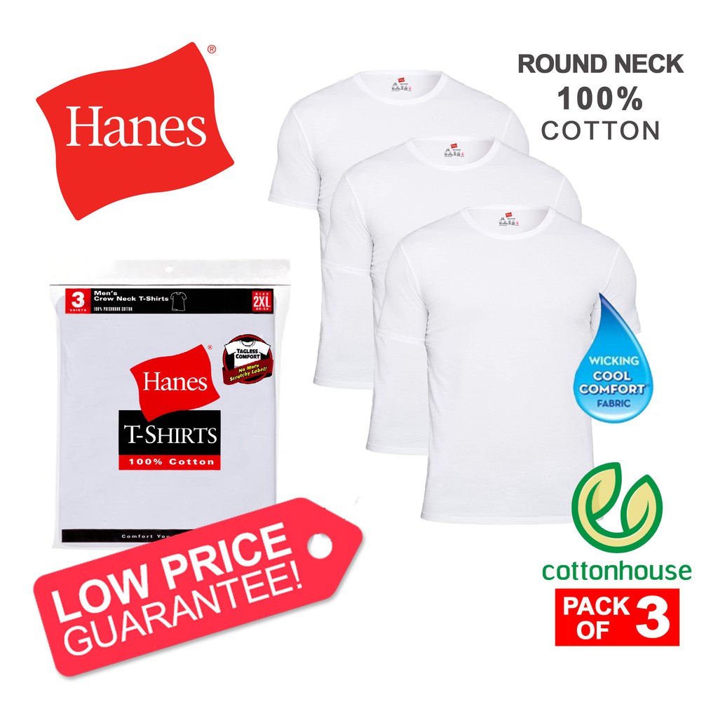 3 pcs Hanes Round Neck 100 Cotton T Shirt White