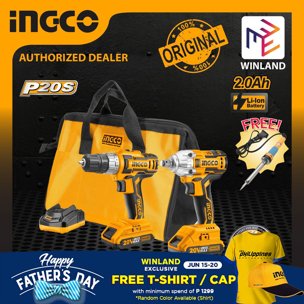 ┇INGCO P20S LIION Combo Kit Cordless Drill & Impact Wrench 20V w/ Free Soldering Iron CKLI2007