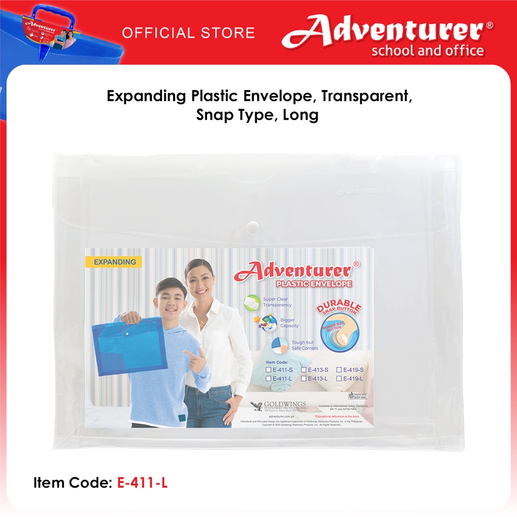 Adventurer Expanding Plastic Envelope, Transparent, Snap Type, Long