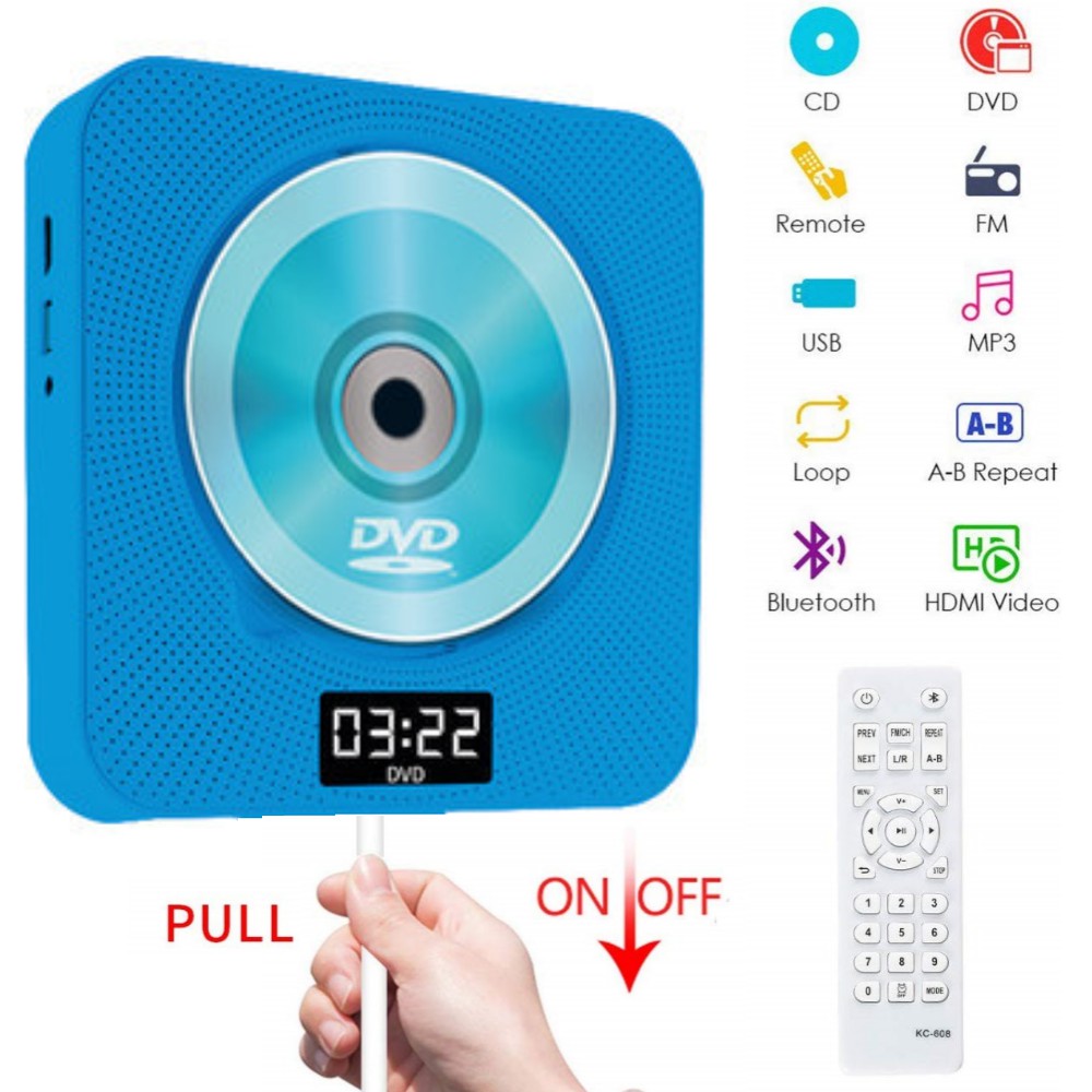 Portable Bluetooth DVD / CD Player, WallMounted DVDs Player, Dual Pull Switch, Music Player