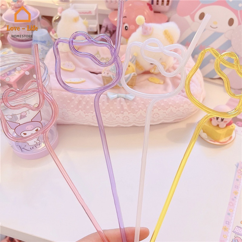 Cartoon Cat Head Shape Drinking Straw/ Cute Girl Heart Pink Cat PET ...