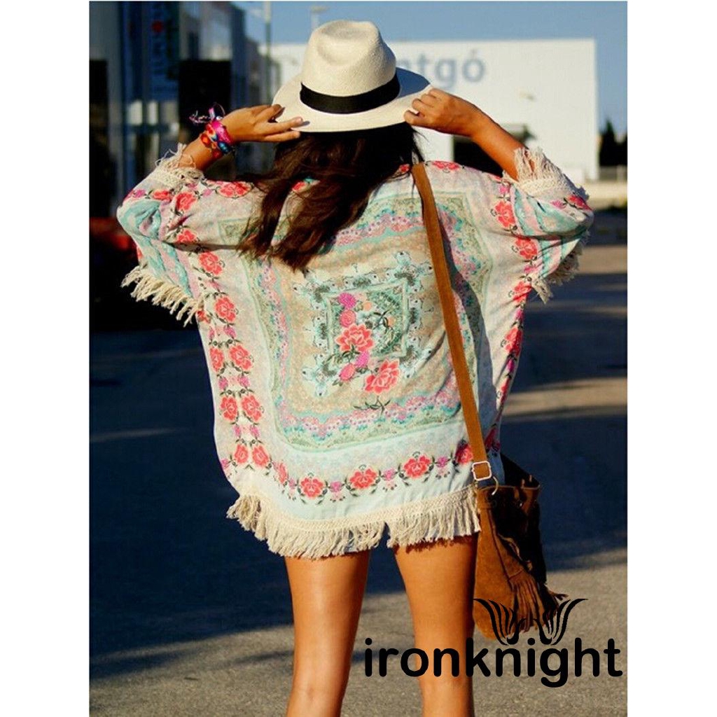New Women Boho Fringe Floral Kimono Bench Cardigan Tassels | Shopee ...