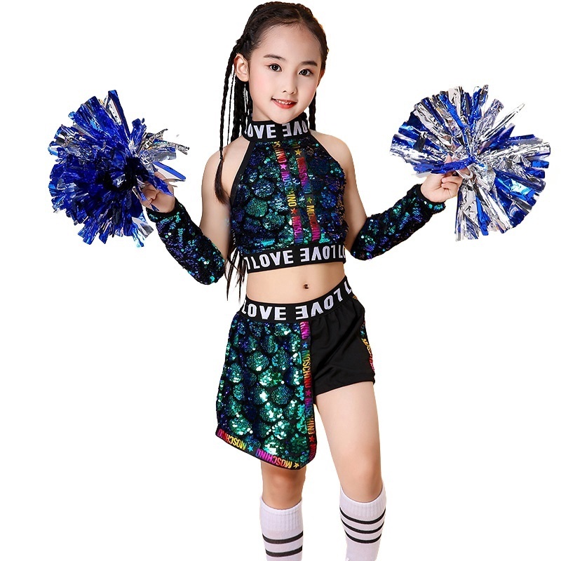 Girls Green Sequins Cheerleader Costume Kids Crop Tops Short Skirt Suit ...