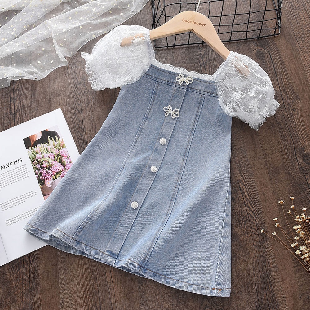Bear Leader Korean Style Lace Sleeves Loose Girls Denim Dress Sweet Bow  Single Breasted Kids Clothes Holiday Outfits | Shopee Philippines