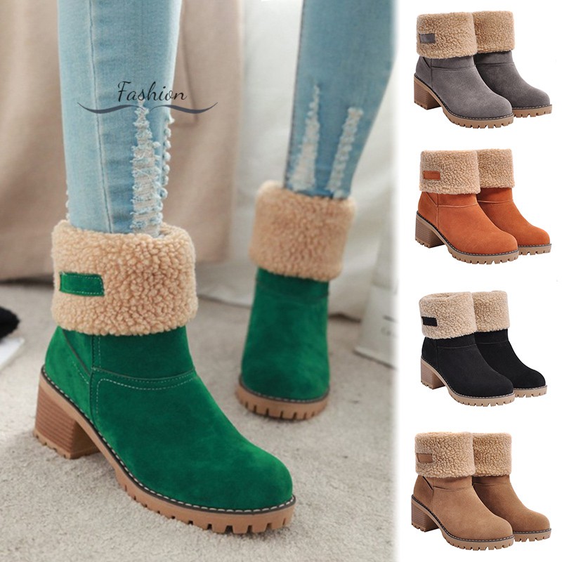 Women Snow Boots Suede Thickened Cotton Thick Sole Middle Heels Winter Shoes ph Shopee Philippines