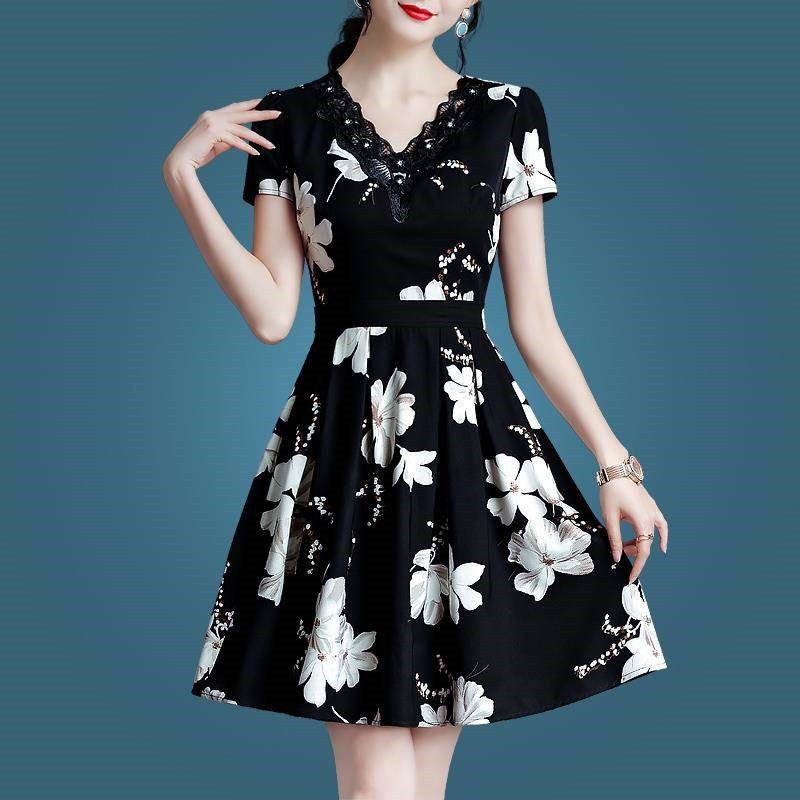 Floral Black Dress women's Korean Style V-Neck Midi Skirt Summer Short ...