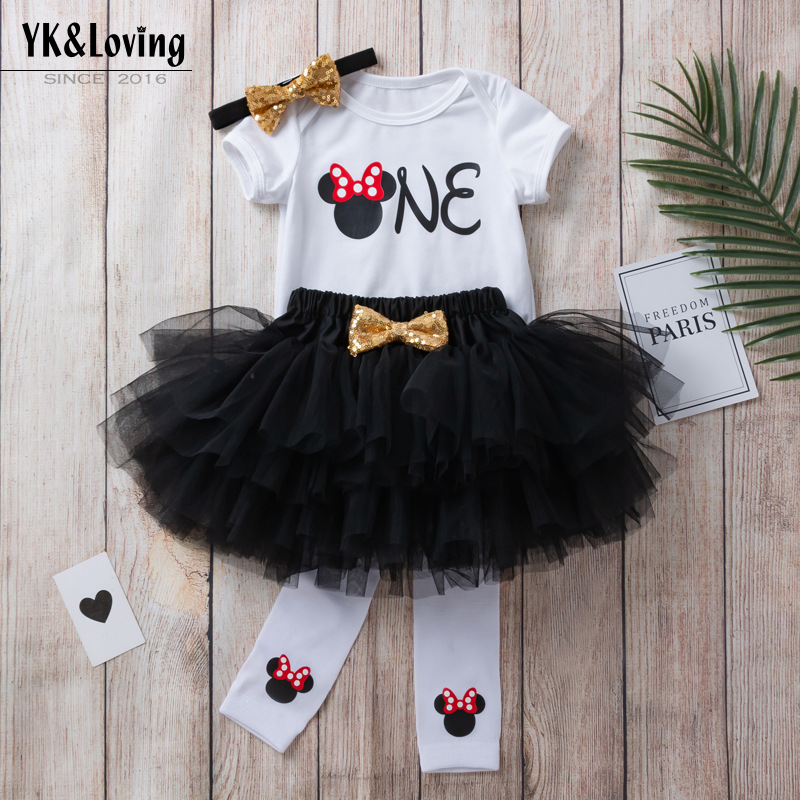 Baby Girl First Birthday Outfit One Year Little Girl Mickey Tutu Dress Clothing Baby Child Summer Clothes Infant Suits 4pcs set