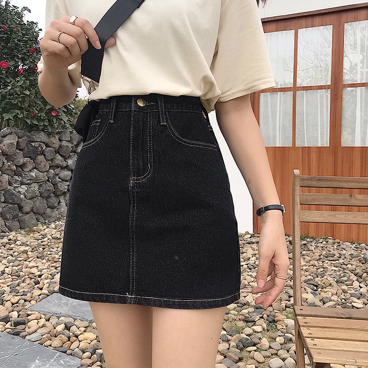 Black denim skirt outfit korean best sale