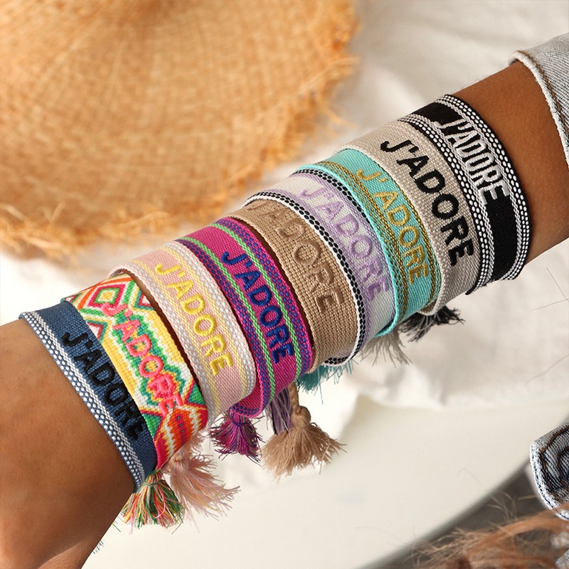 Fine Boho Handmade J’ADORE Woven Wristband Embroidery Tassel Bracelets for  Women Adjustable Nepal Ethnic Wrap Wide Braided Bangle Men Colorful
