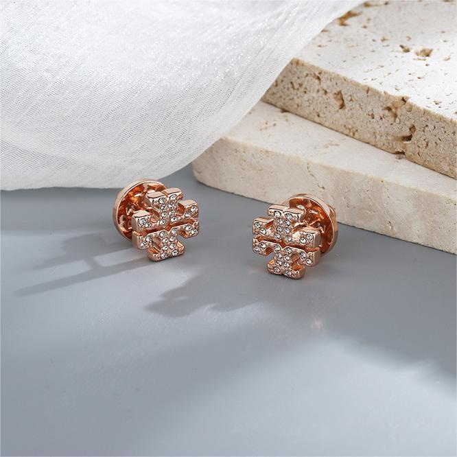 Tory burch tb Kira Double-T Stud Earrings with diamonds in Silver/ Rose ...