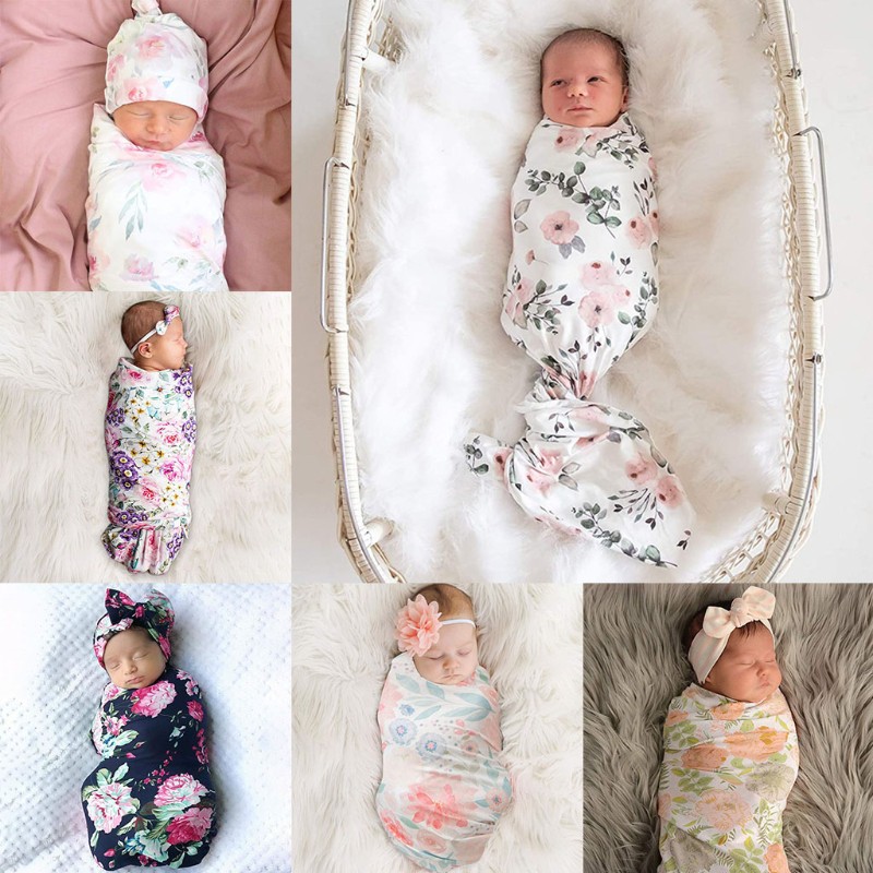 FL 2 Pcs Newborn Floral Swaddle Wrap+ Headband Set Baby Cotton Receiving Blanket Shopee