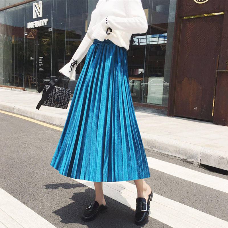 Golden Velvet Skirt Mid-Length Women's Plus Size Pleated High Waist Slimmer  Look Large Hem Long Ski | Shopee Philippines