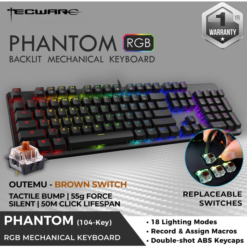 Tecware Phantom RGB Full 104 Mechanical Keyboard Brown Red Blue Switch