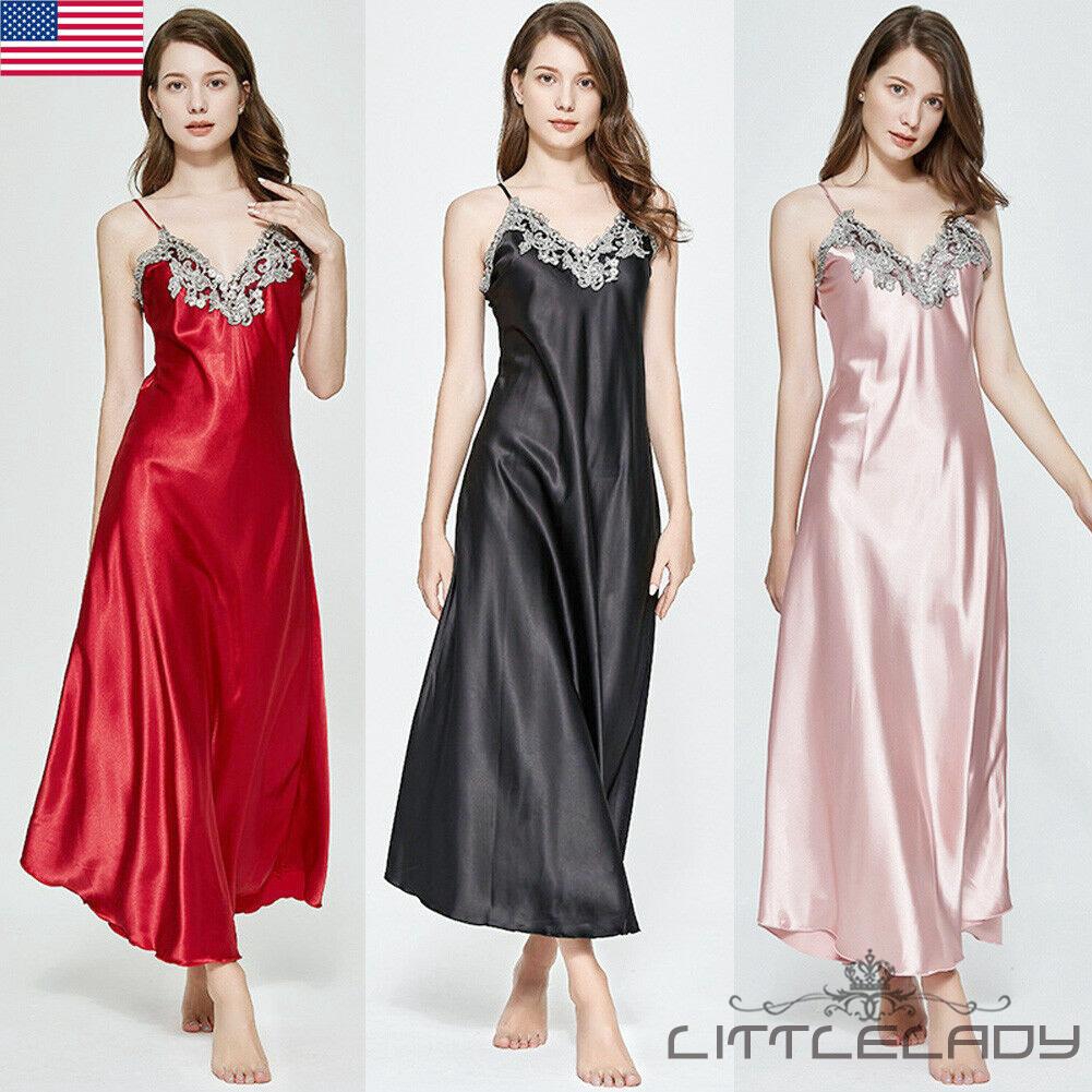 Women Sexy Silk Night Gown Nightdress V-neck Long Night Gown Sleepwear