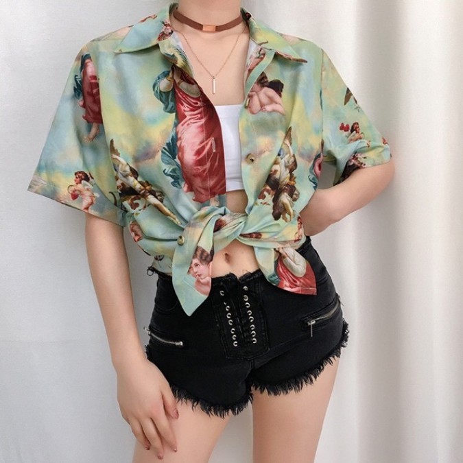 Angel Polo Printed Polo for Women Casual Polo Shirt Beach Wear Hawaiian Polo Top