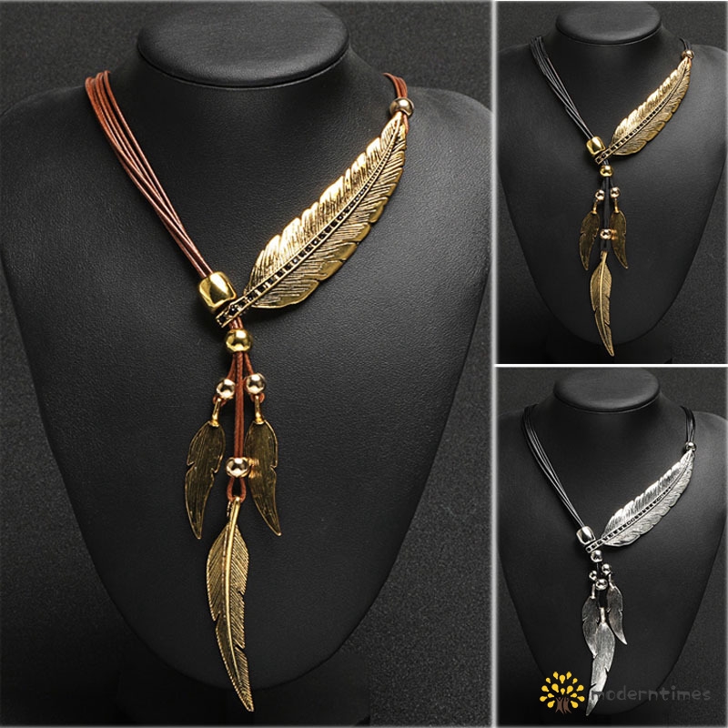 Bohemian Style Rope Chain Leaf Feather Pattern Pendant Necklace ...
