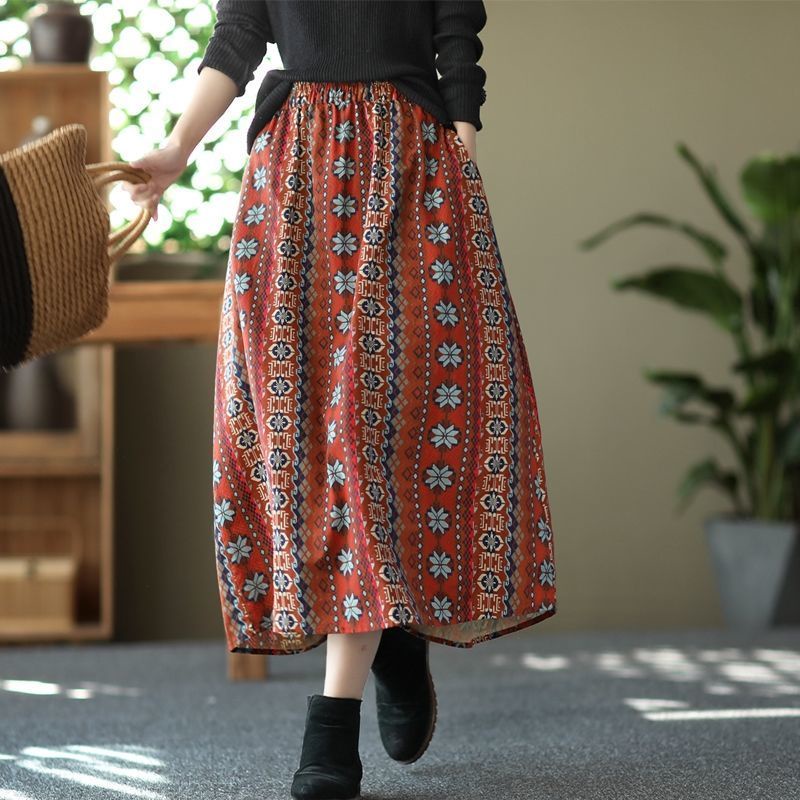 Plus Size Skirt Literary Retro Ethnic Style Printed Skirt Women's ...