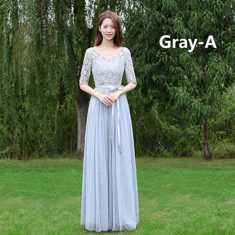 Korean Grey Elegant Maxi Length 135cm Wedding Dinner Evening Dress Gown  Bridesmaid Dresses