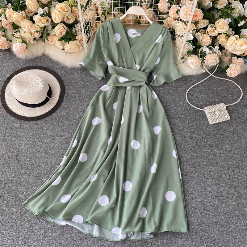 New Summer Polka Dot Dress Women Slim High Waisted Bandage Dresses