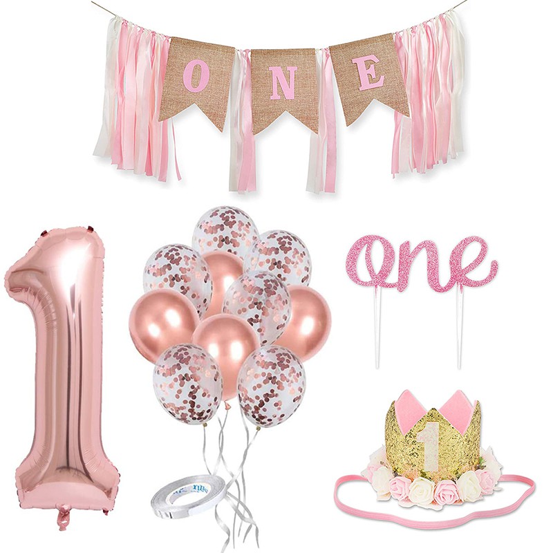 Baby Girl First Birthday No. 1 Balloon Balloons High Chair Burlap 1st ...