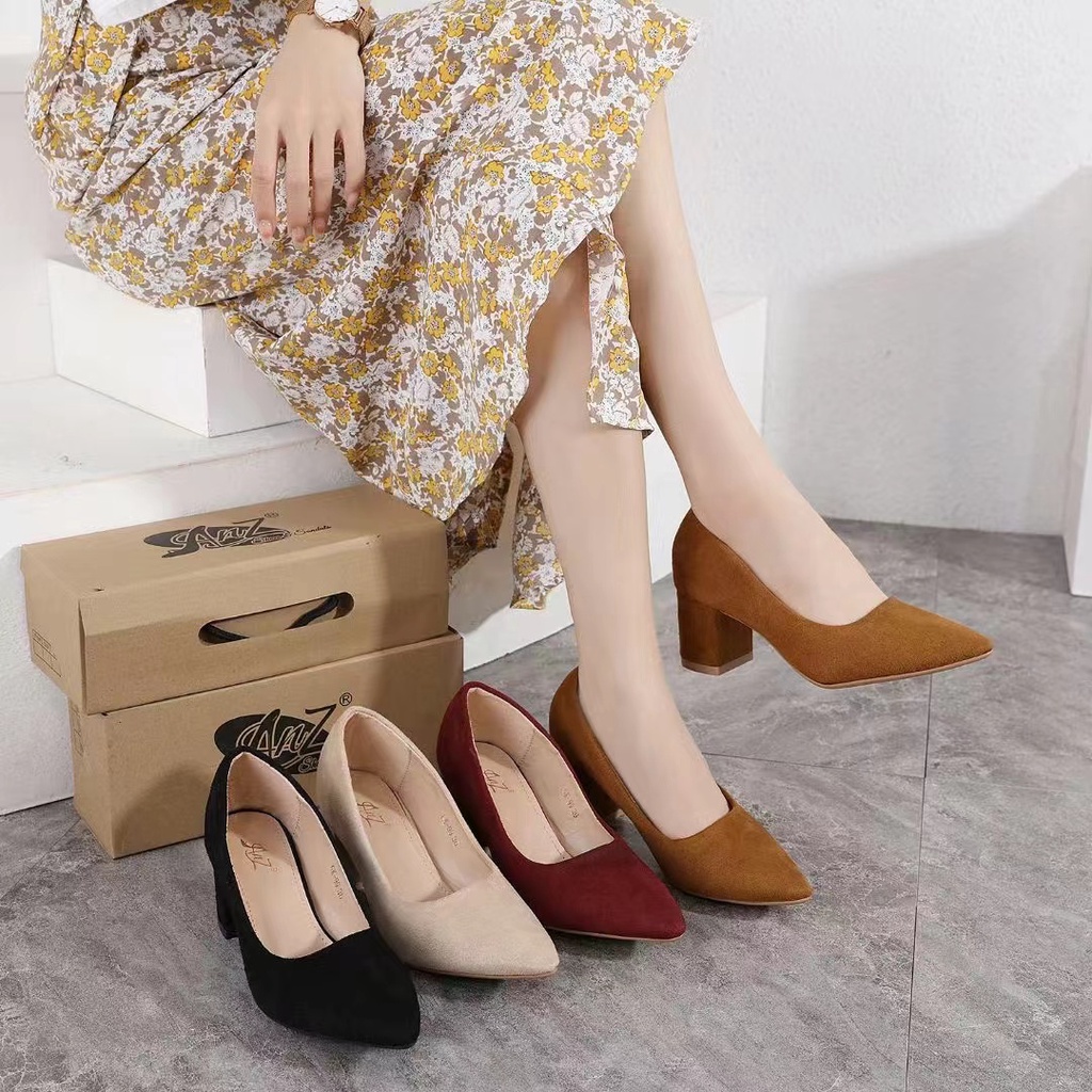 [YQ inch Korean Women suede Pointed Toe Black Office Work Block Heel  Shoes