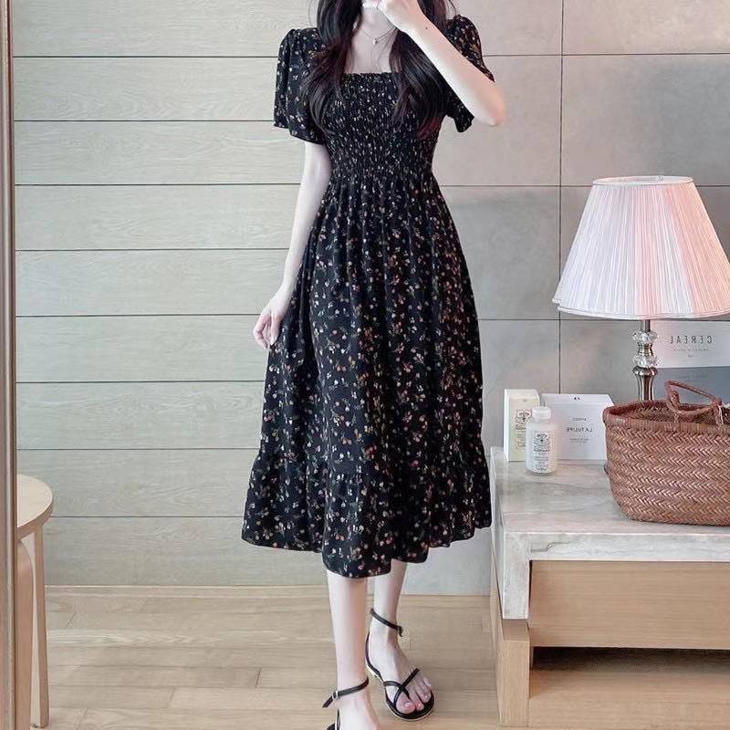 Korean fashion model slim-fitting mini open shoulder floral dress soft ...